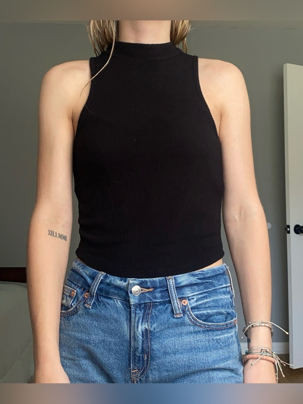 Bozzolo Black Ribbed Mock Neck Tank